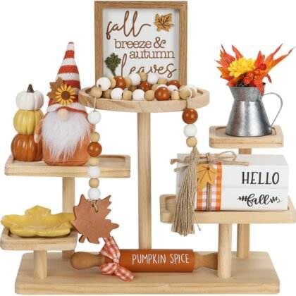 Thanksgiving Decorations for Home 8PCS Tiered Tray Decor Set, Tabletop Fall Thanksgiving Decor for Shelf Mantel Fireplace Office Desk Coffee Bar Table Centerpieces Pumpkin Farmhouse Wood Sign