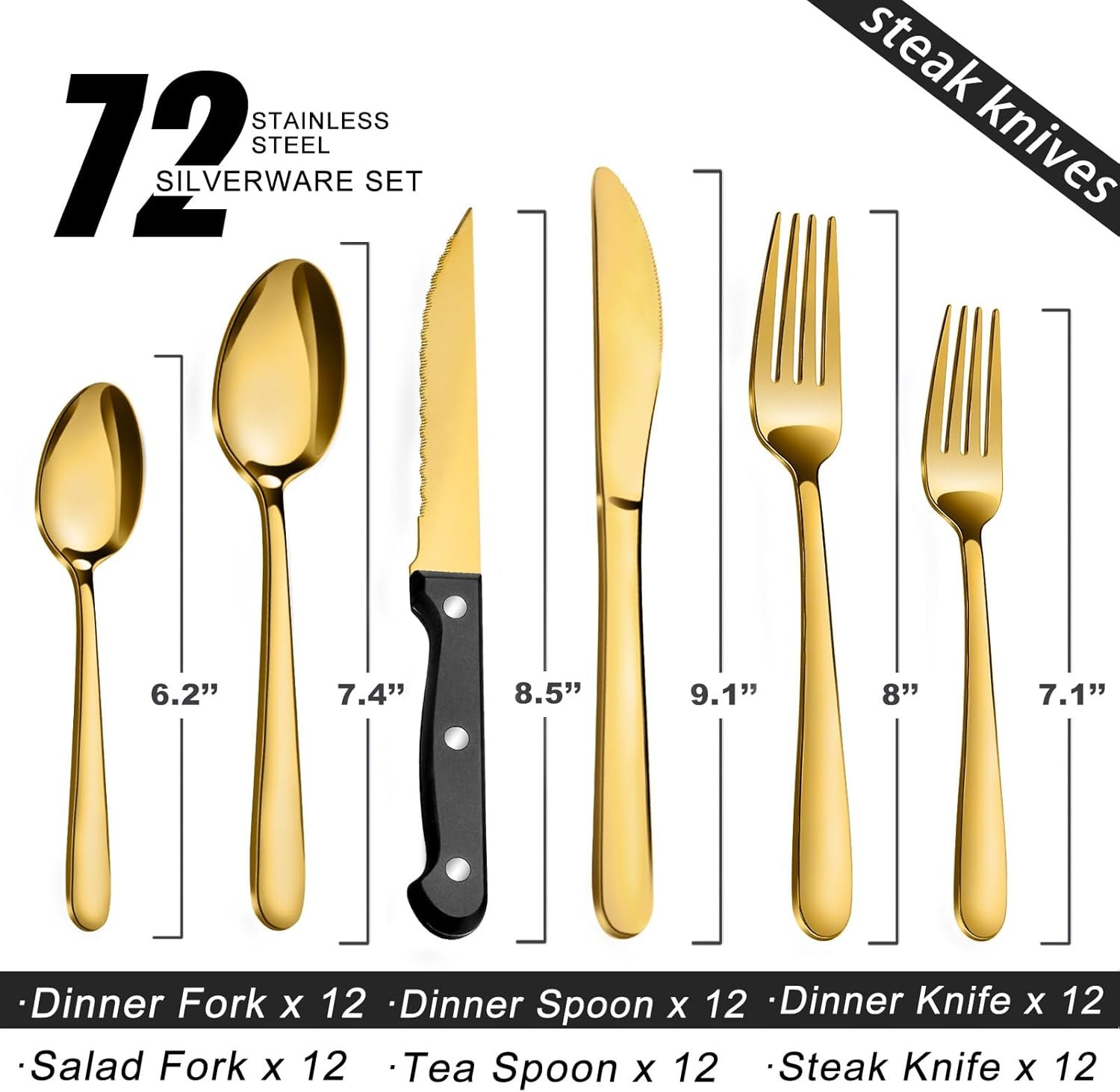 Pleafind 72Pcs Gold Silverware Set for 12 - Dishwasher Safe, Flatware Set with Steak Knives, Stainless Steel Cutlery Set, Include Forks Spoons and Knives Set, Utensil Sets for Home Restaurant - Image 2