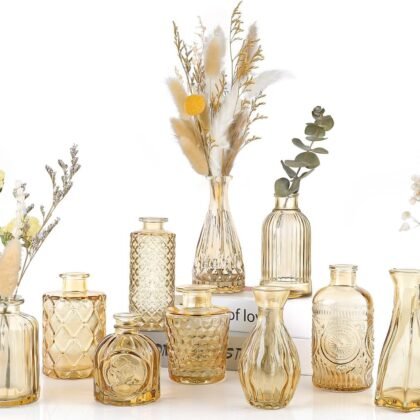 Amber Glass Bud Vases Set of 12, Gold Mini Flower Vase for Centerpieces, Small Vases in Bulk for Wedding Decorations, Vintage Vase for Table, Recepetion, Home Décor