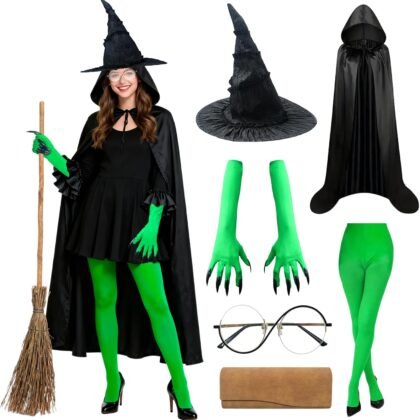 Witch Costume for Women Witch Hat Hooded Cape Green Claw Gloves Pantyhose Glasses Halloween Cosplay Outfits