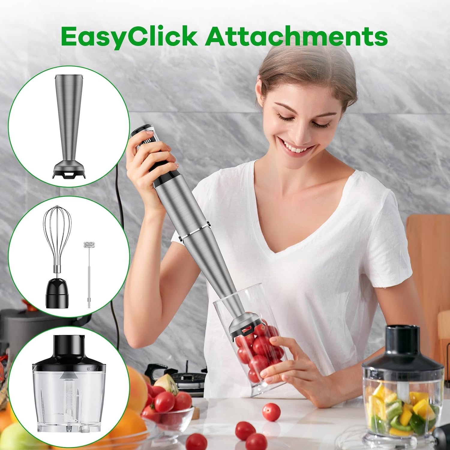 Immersion Blender Handheld Corded Hand Blenders Set 1100W, Trigger Variable Speed 5 in 1 Stick Emulsifier with Chopper, Whisk and Frother for Soup, Baby Food and Smoothies - Image 4
