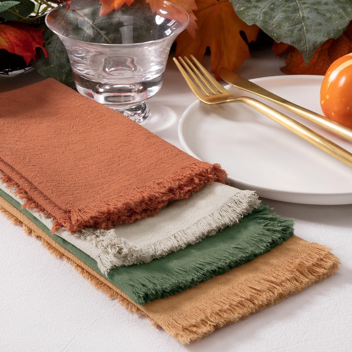 12 Pack Mixed Thanksgiving Color Cotton Linen Napkins With Fringe - Fall Cloth Set of 12 Boho Handmade Dinner Bulk for Wedding Fall Dining Table, 17 x 17 - Image 7
