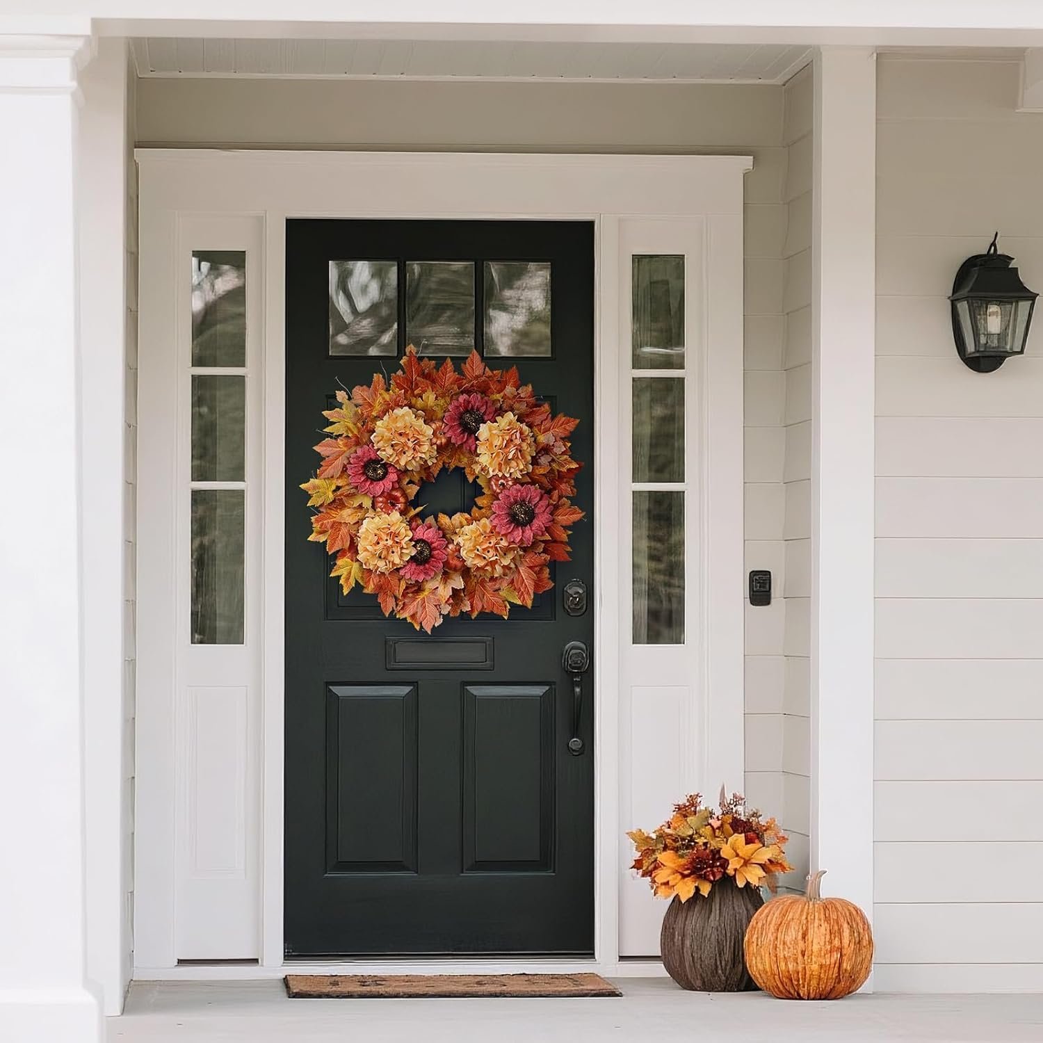28'' Large Fall Wreath for Front Door, Porch, Window- Artificial Maple Leaves Faux Sunflower Hydrangea Pumpkins Outdoor Autumn Wreath for Home, Farmhouse Wall Thanksgiving Day Harvest Festival Decor - Image 9