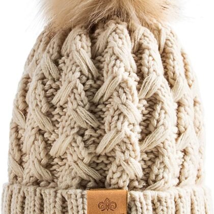 PAGE ONE Womens Winter Ribbed Beanie Crossed Cap Chunky Cable Knit Pompom Soft Warm Hat