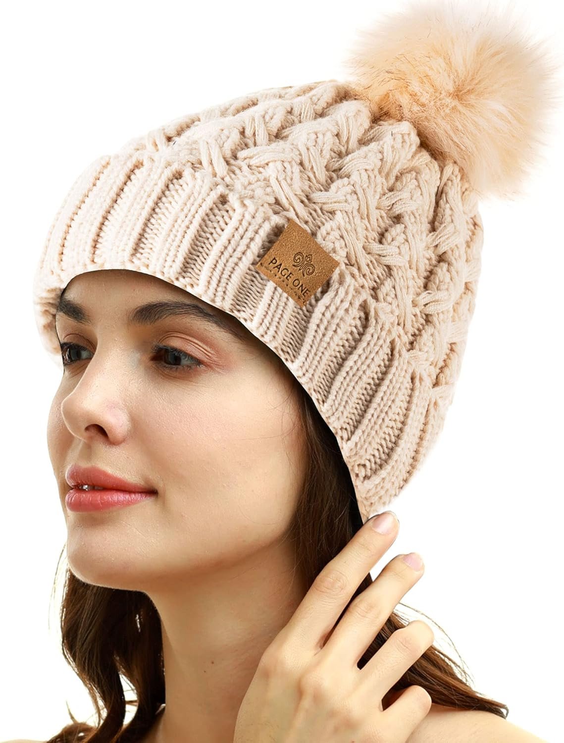 PAGE ONE Womens Winter Ribbed Beanie Crossed Cap Chunky Cable Knit Pompom Soft Warm Hat - Image 2