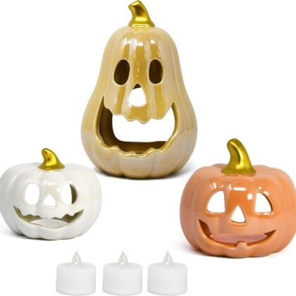 Halloween Ceramic Pumpkin Tea Light Holder Set of 3 Jack O Lanterns Pumpkins Spooky Sculptures Tabletop Decor for Home Holiday Party Decorations
