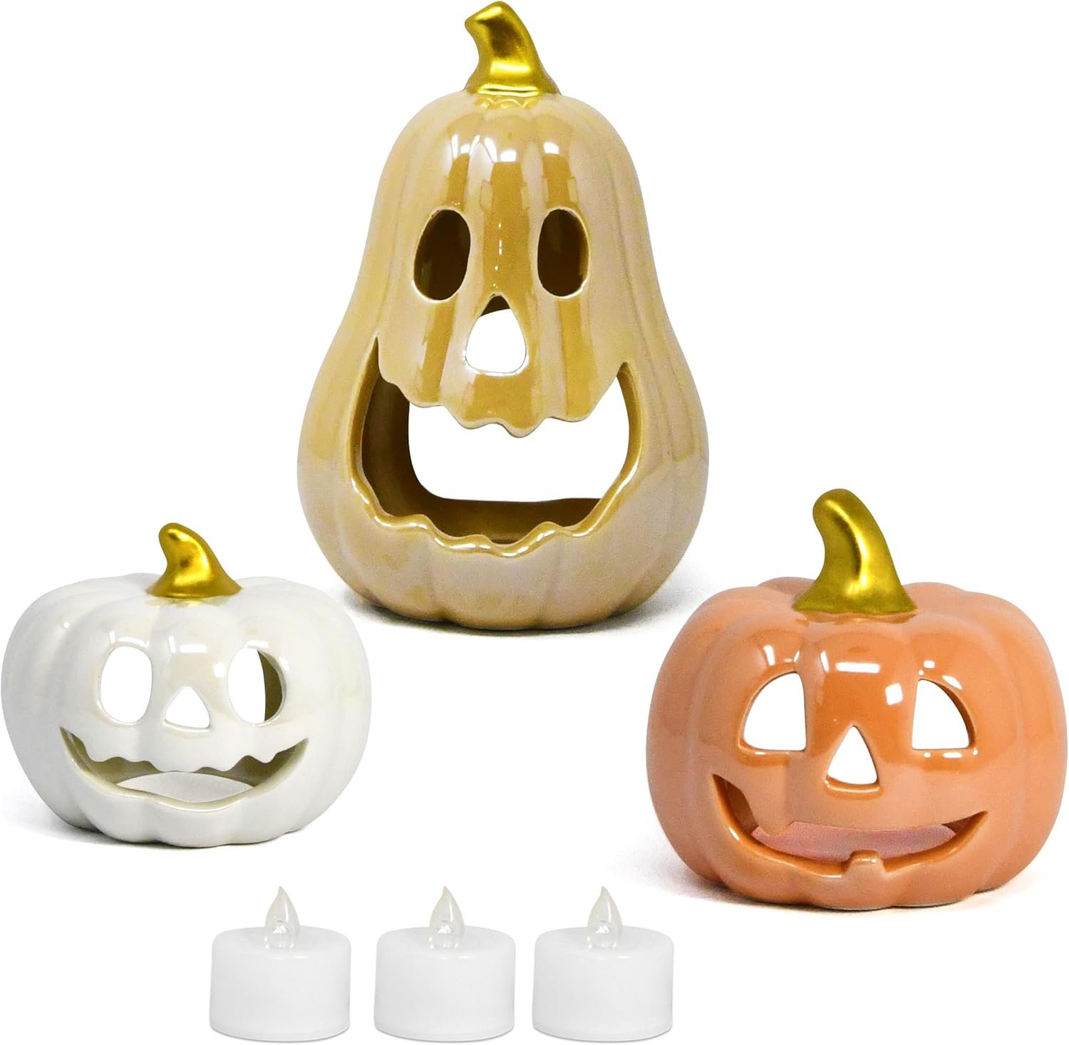 Halloween Ceramic Pumpkin Tea Light Holder Set of 3 Jack O Lanterns Pumpkins Spooky Sculptures Tabletop Decor for Home Holiday Party Decorations