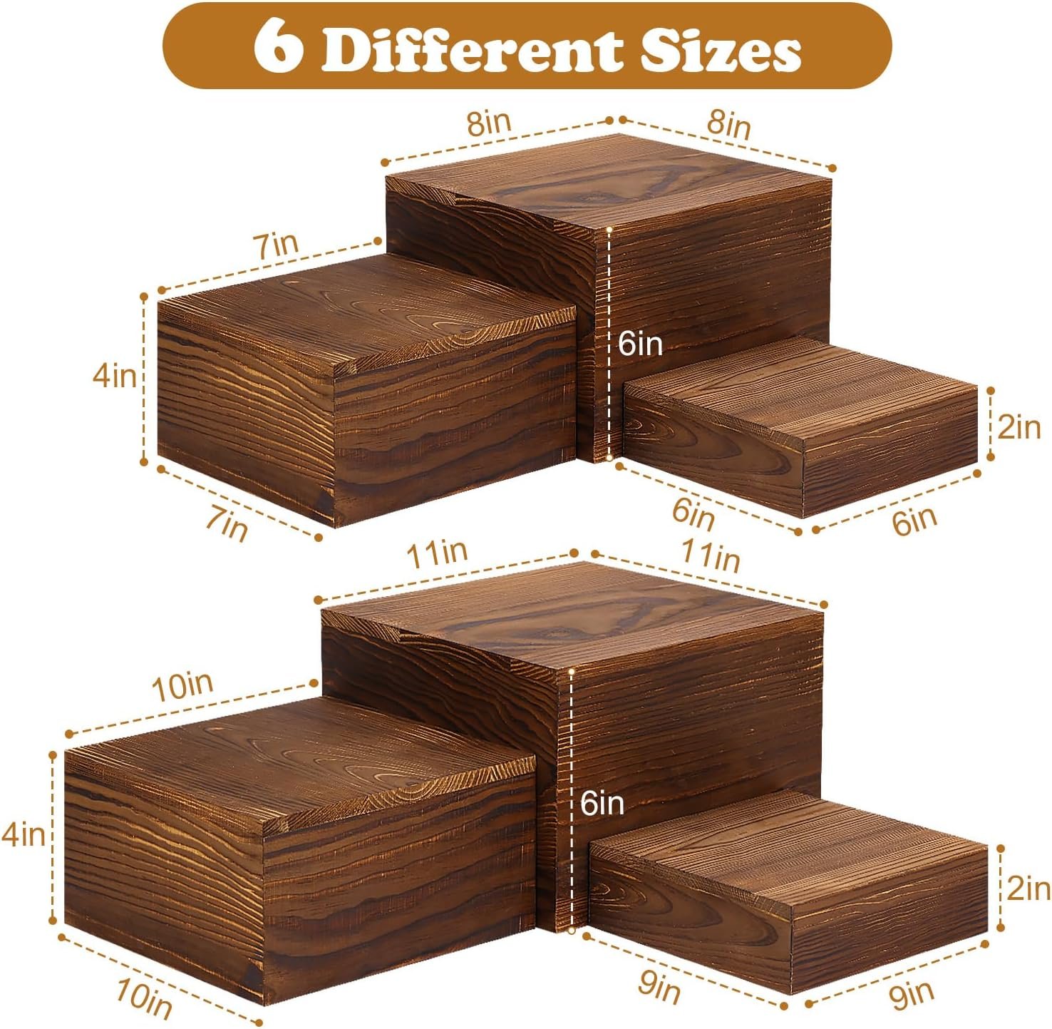 6 Pack Wooden Risers Display Stands Rustic Wood Cake & Cupcake Stands for Party Square Food Risers for Buffet Wooden Crates for Display Home Decor - Image 2