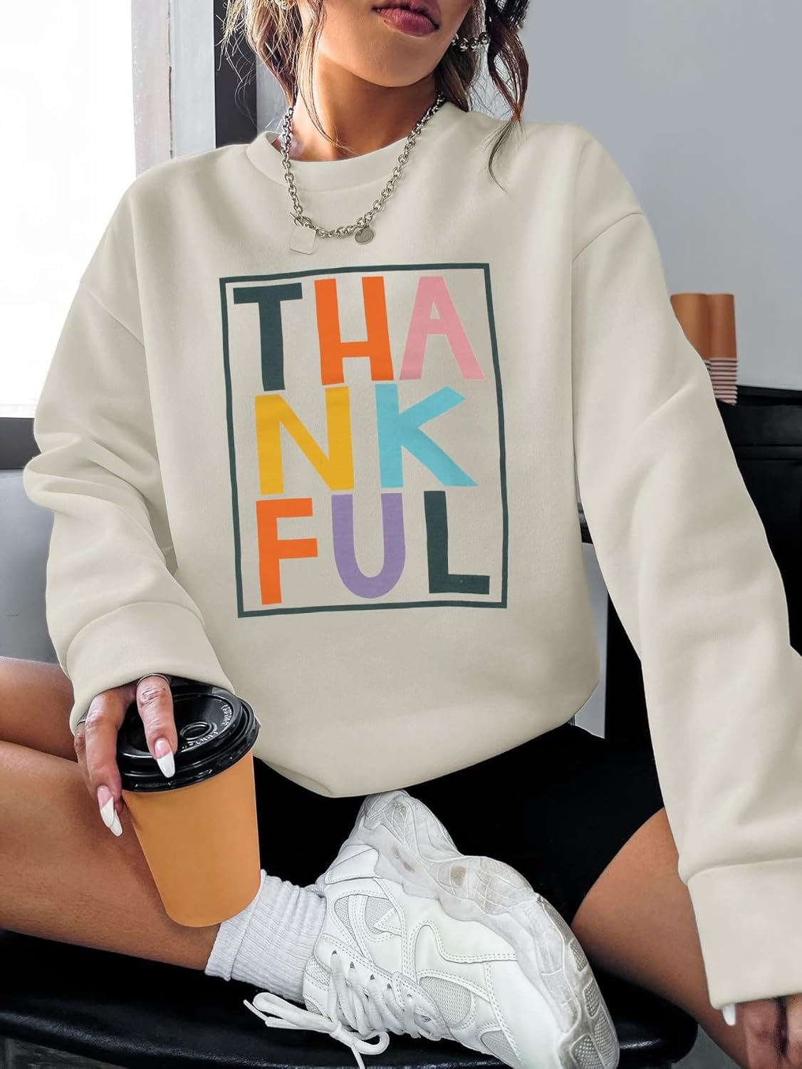 VILOVE Thankful Sweatshirt Women Thanksgiving Day Colorful Letter Print Pullover Crewneck Long Sleeve Oversized Tops - Image 4