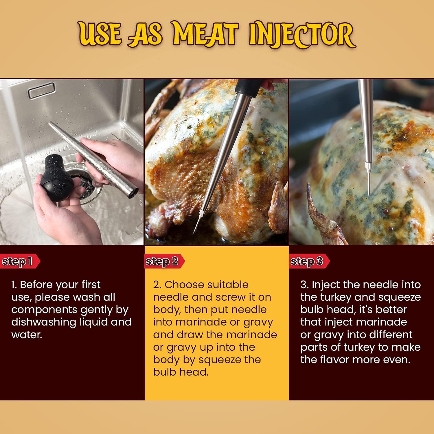 Turkey Baster, Stainless Steel Baster for Cooking with Marinade Injectors Syringe, Basting Brush, Thick Cleaning Brush & Thin Cleaning Brush - Image 4