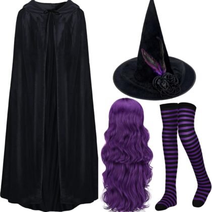 4 Pcs Halloween Witch Costume Include Witch Hat,Black Cape,Purple Wig and Striped Socks for Women Party Dress Up
