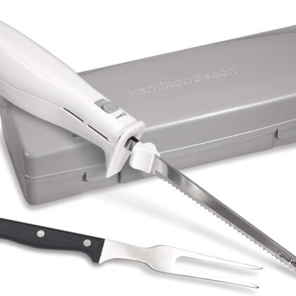 Hamilton Beach Electric Knife Set for Carving Meats, Poultry, Bread, Crafting Foam & More, Reciprocating Serrated Stainless Steel Blades, Ergonomic Design Storage Case + Fork Included, 5Ft Cord, White