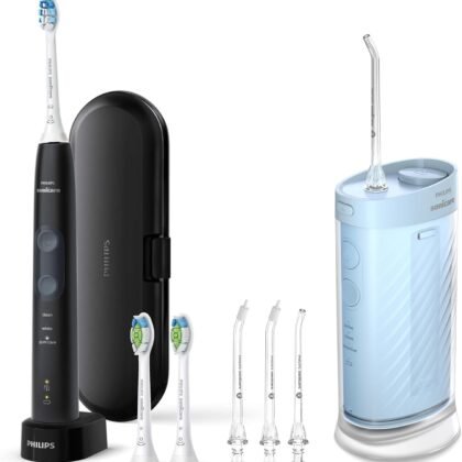 Philips Sonicare Compact Flosser 1000, Blue, ProtectiveClean 5300 Rechargeable Electric Toothbrush and 2PK Compact Nozzle Bundle