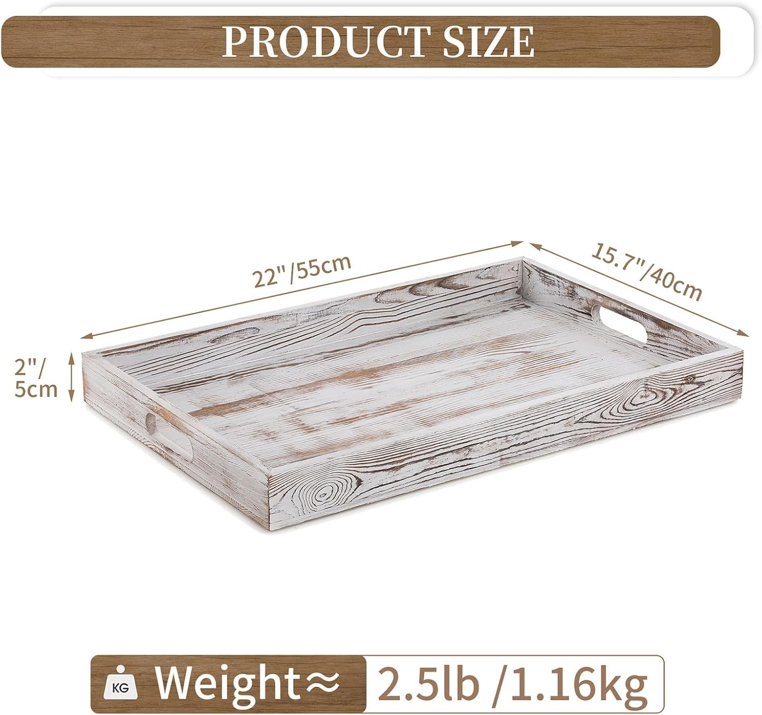 Hanobe Large Serving Ottoman Tray: 22'’ Extra Wood Serving Tray with Handles Rustic White Decorative Coffee Table Trays Farmhouse Home Decor for Living Room Kitchen Counter - Image 7