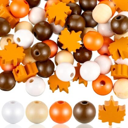 Marsui 125 Pieces Wooden Fall Beads Thanksgiving Colorful Farmhouse Beads Decorative Polished Bead Natural Rustic Home Decor for Thanksgiving Christmas Autumn Garland Crafts (Maple) (Maple,)