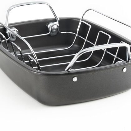 KITESSENSU Large Roasting Pan with Rack - 25 LB Nonstick Turkey Roaster Pan for Oven - Heavy Duty Carbon Steel Roasting Pan with Wider Handles for Chicken, Vegetables & Holiday Meals, Gray