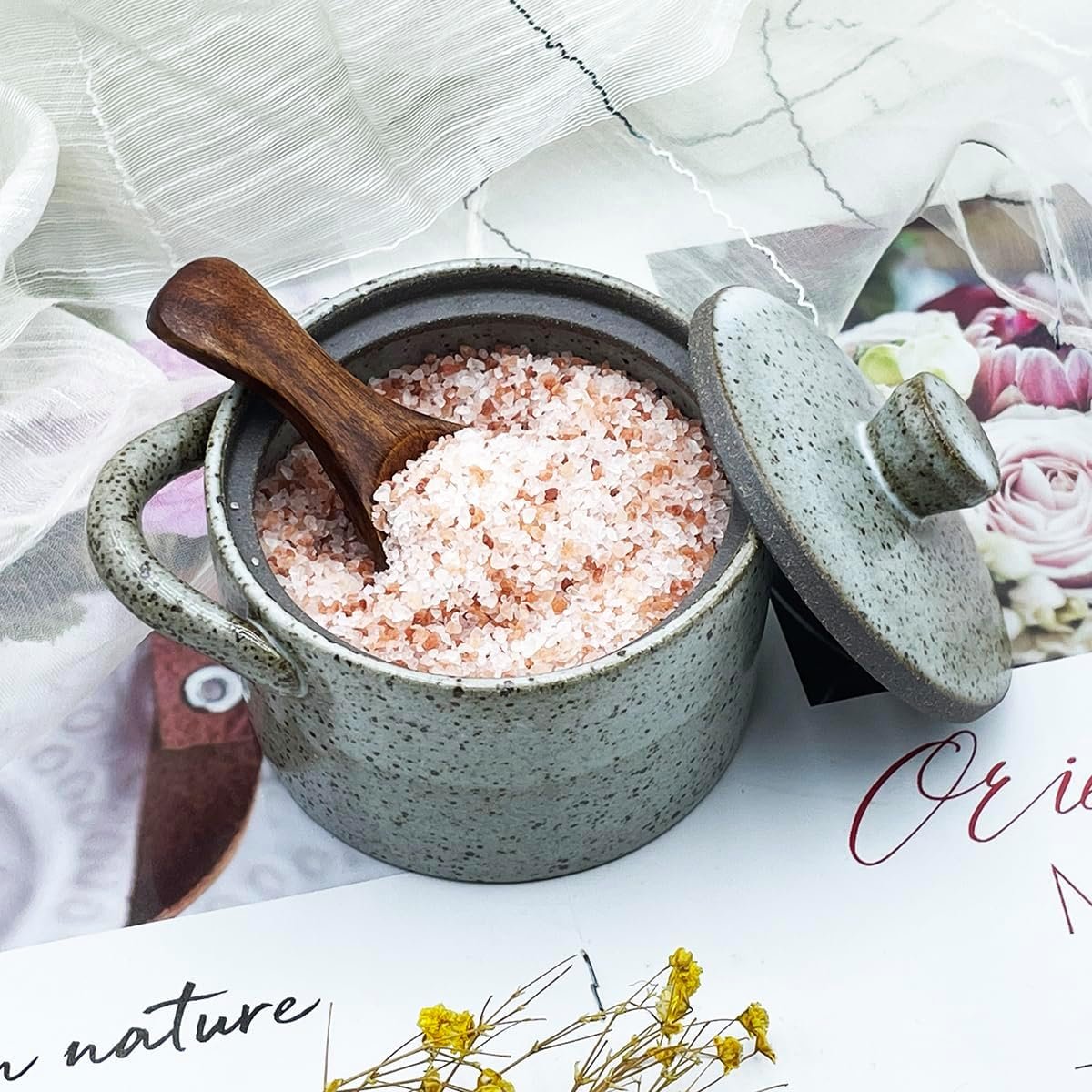 8 oz Ceramic Salt Cellar with Lid & Wooden Spoon,Countertop Salt Container,Sugar Bowl,Spices Jar| Artisan Kitchen Decor(Gray) - Image 4