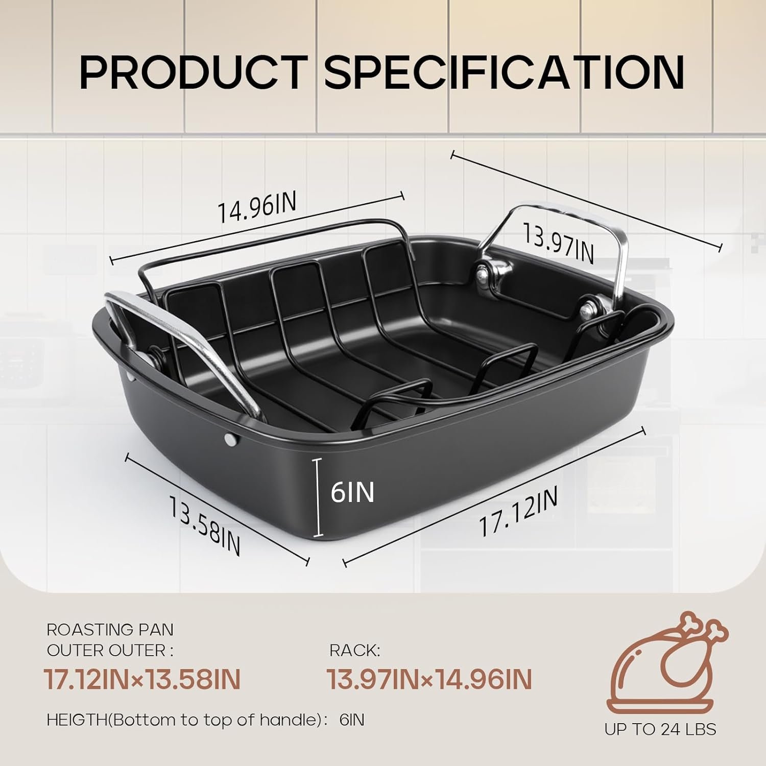 Nonstick Turkey Roasting Pan with Rack - 17×13.6 Inch Large Turkey Roaster Pan For Oven - Double-Ply Clad NonStick Roasting Pan For Roasting Chicken, Meats and Vegetables(Dark Gray) - Image 2