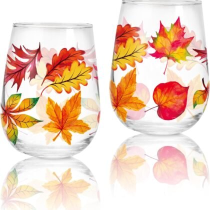 Whaline 2Pcs Fall Stemless Wine Glasses 17oz Watercolor Maple Leaf Drinking Glasses Fall Leaves Tumbler Cups for Autumn Thanksgiving Party Supplies Gifts