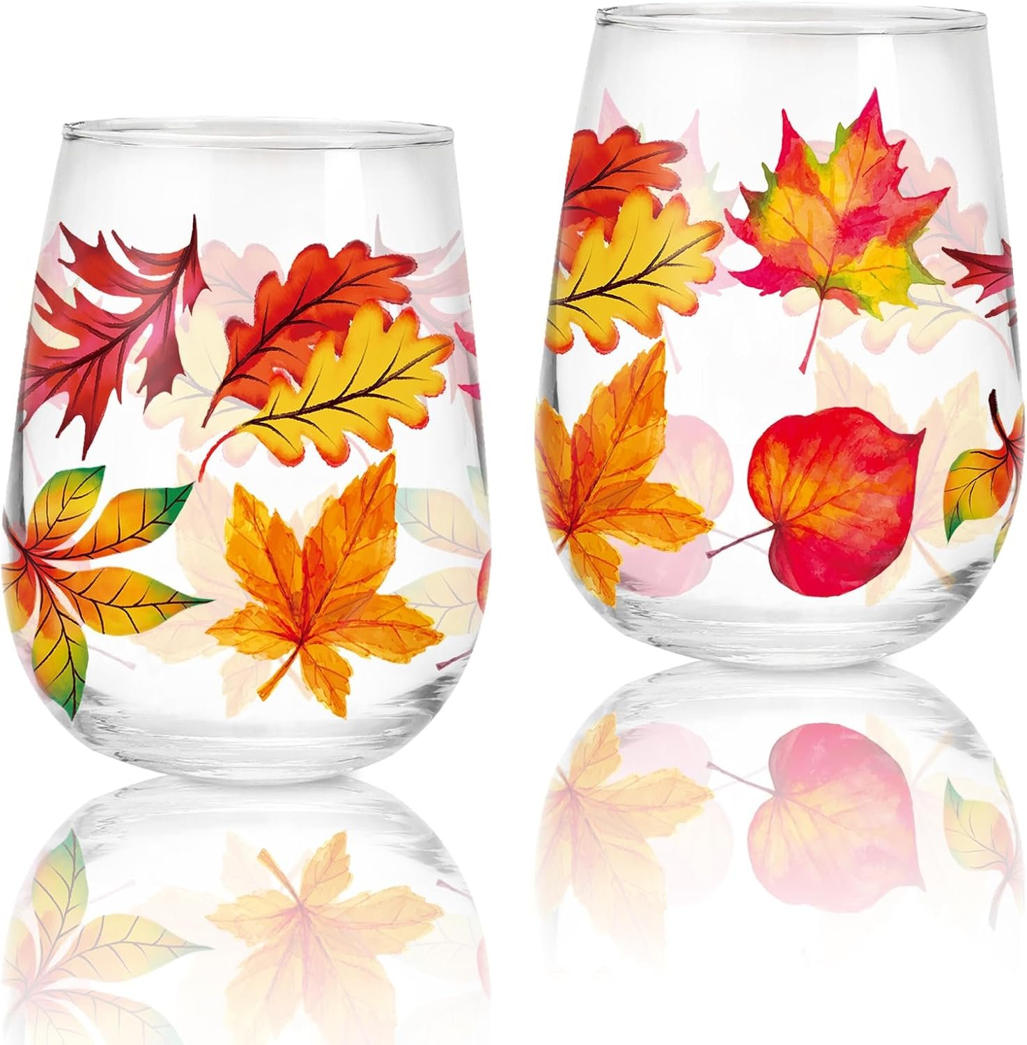 Whaline 2Pcs Fall Stemless Wine Glasses 17oz Watercolor Maple Leaf Drinking Glasses Fall Leaves Tumbler Cups for Autumn Thanksgiving Party Supplies Gifts