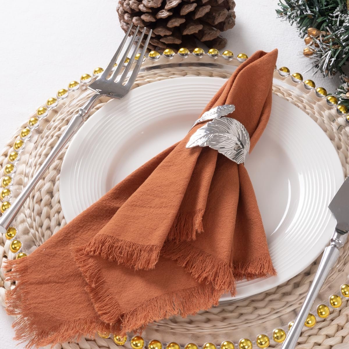 12 Pack Terracotta Cotton Linen Napkins with Fringe Christmas Cloth Napkins Set of 12 Boho Handmade Holiday Napkins Bulk for Wedding Baby Shower Parties, 17 x 17 Inches - Image 3