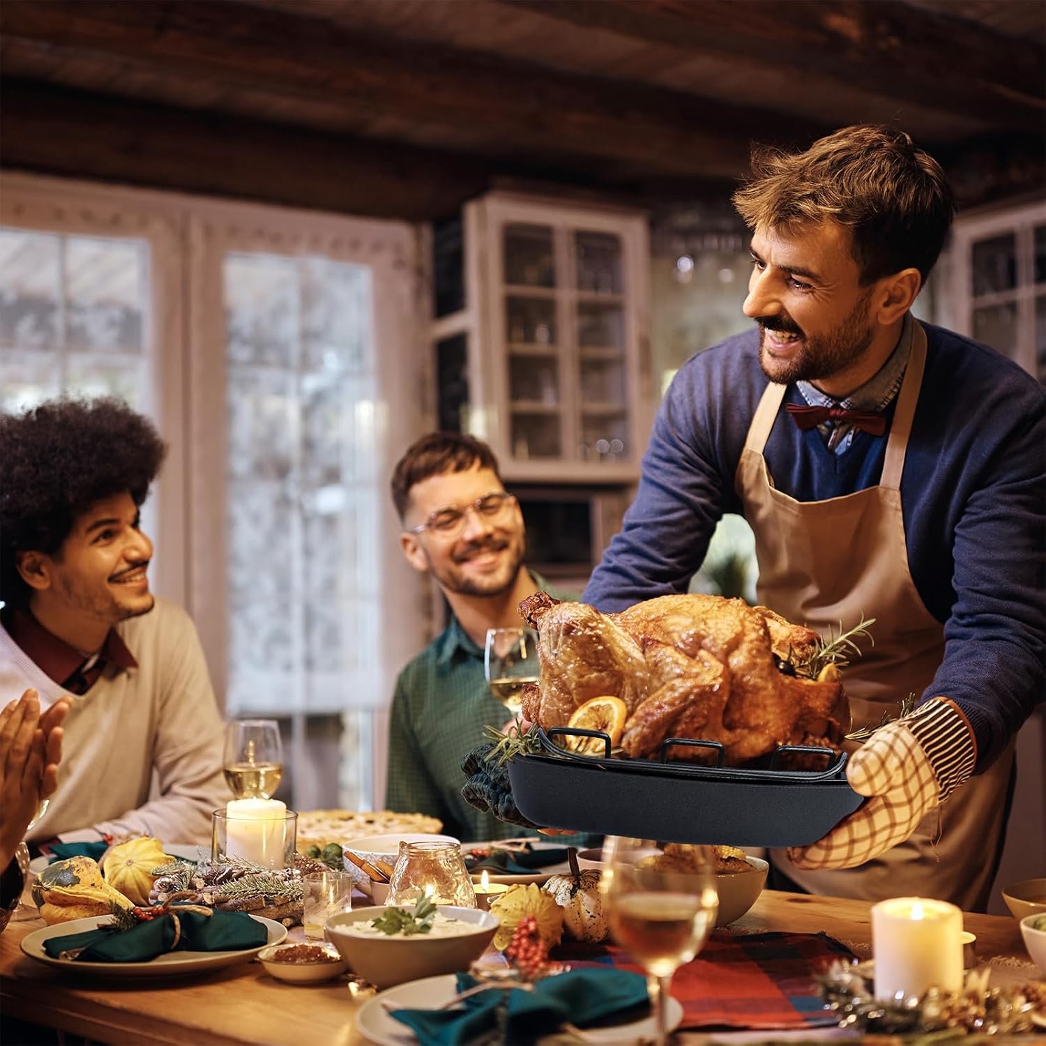 Nonstick Turkey Roasting Pan with Rack - 17×13.6 Inch Large Turkey Roaster Pan For Oven - Double-Ply Clad NonStick Roasting Pan For Roasting Chicken, Meats and Vegetables(Dark Gray) - Image 7