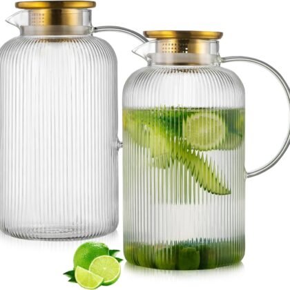 Glass Pitcher with Lid, 100 oz/ 3 Liter Classic Vertical Stripes Water Pitcher,Glass Water Carafe for Cold Brew, Coffee, Lemonade, Iced Sun Tea,Beverage, Milk, Heat Resistant