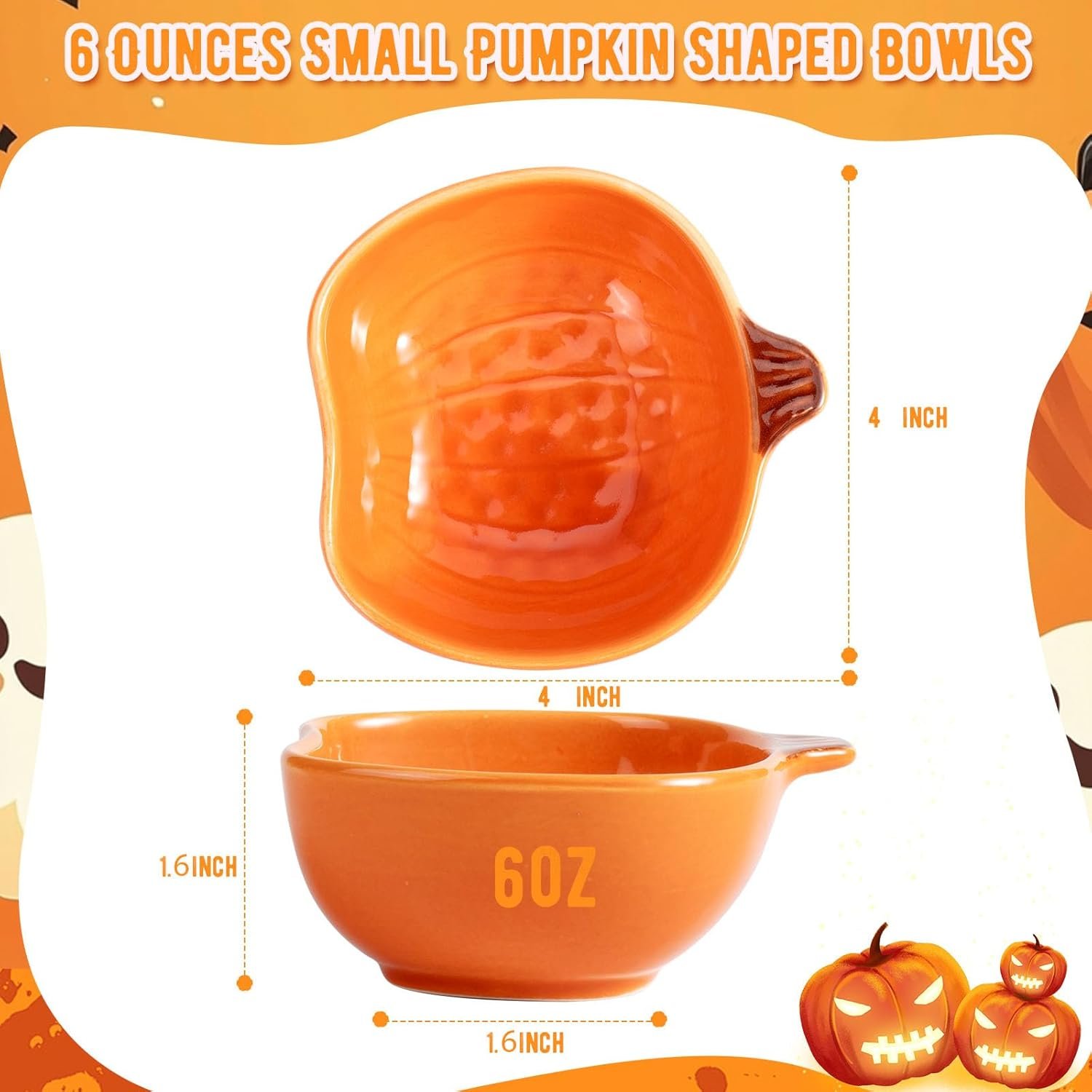 12 Pack Ceramic Pumpkin Bowls, 6 oz Small Fall Ramekins, Pumpkin Shaped Dishes for Halloween Thanksgiving Candy Snack Dip Sauce, Orange Mini Bowls for Autumn Party Decor - Image 2