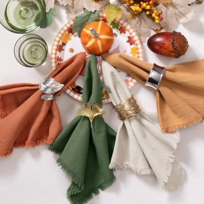 12 Pack Mixed Thanksgiving Color Cotton Linen Napkins With Fringe - Fall Cloth Set of 12 Boho Handmade Dinner Bulk for Wedding Fall Dining Table, 17 x 17