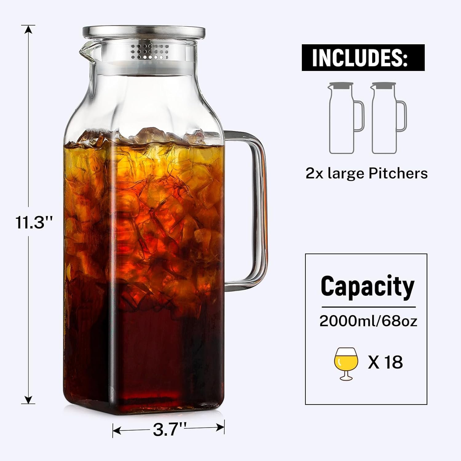 Netany 2 Pack 2 Liters/68 oz Square Glass Pitcher with Lid and Handle for Fridge, Iced Tea and Coffee Carafe Beverage Serveware, Heat Resistant Borosilicate Water Jug for Hot/Cold Drinks and Milk - Image 2