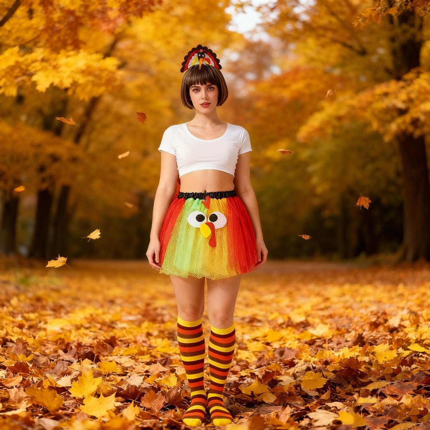 Thanksgiving Turkey Trot Costume Set Turkey Tutu Skirt Headband & Running Socks for Thanksgiving Party Dress Up - Image 5