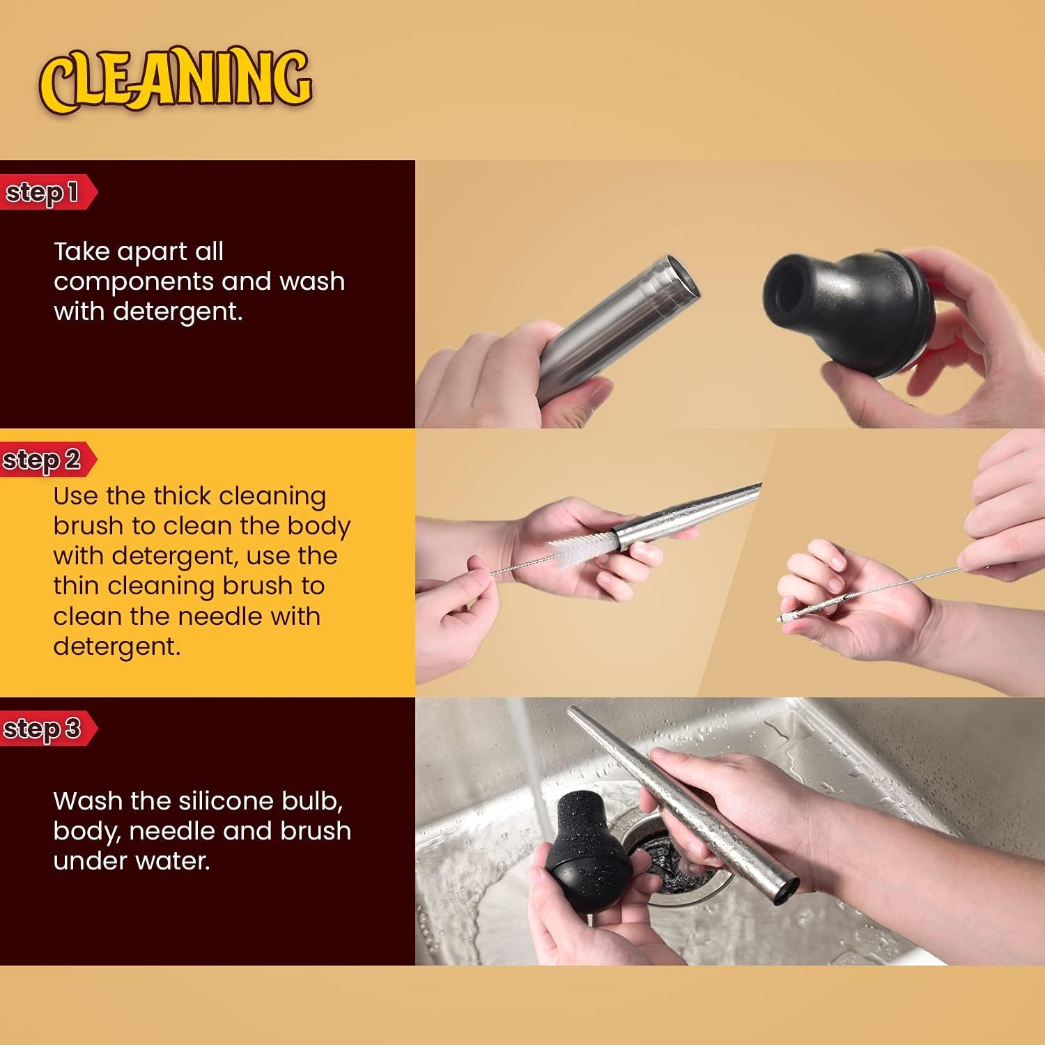 Turkey Baster, Stainless Steel Baster for Cooking with Marinade Injectors Syringe, Basting Brush, Thick Cleaning Brush & Thin Cleaning Brush - Image 6