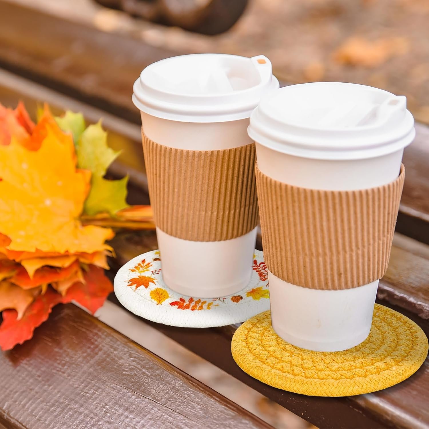 Whaline Fall Thanksgiving Coasters Maple Leaves Handmade Braided Cotton Drink Coasters Orange Yellow Non-Slip Absorbent Cup Mats for Autumn Table Protection Birthday Housewarming Gift Home Decor, 4Pcs - Image 7