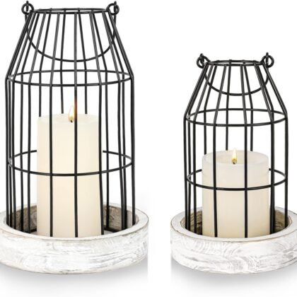 Rustic Wire Metal Cloche Set of 2 Candle Lantern Decorative Indoor Outdoor Vintage Cage Candle Holders Modern Farmhouse Decor for Fireplace Mantle Entryway Living Room Kitchen Dining Table Centerpiece
