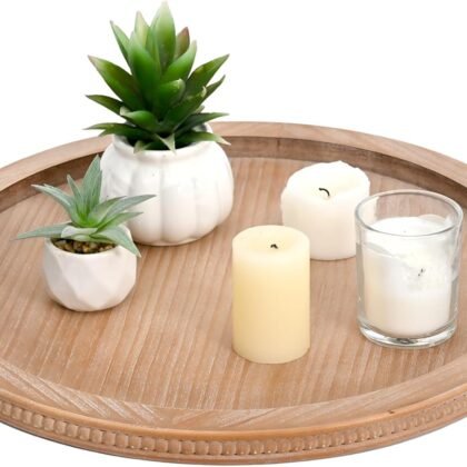 SwallowLiving 18Inch Brown Wooden Beaded Serving Tray with Handle Decorative Rustic Tray for Coffee Table Farmhouse Round Trays for Kitchen, Living Room and Bedroom