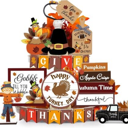 24 Pcs Thanksgiving Tiered Tray Decoration Fall Thanksgiving Decoration Farmhouse Rustic Wooden Sign Turkey Truck Scarecrow Fall Decoration Warm Thanksgiving Fall Home Table Kitchen Decorative Tray