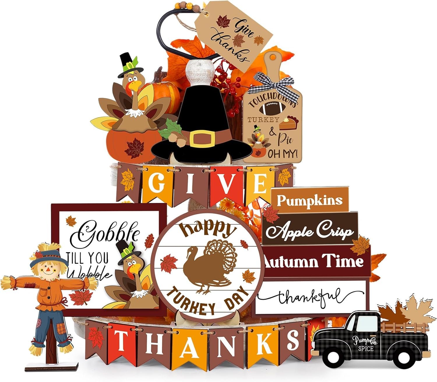 24 Pcs Thanksgiving Tiered Tray Decoration Fall Thanksgiving Decoration Farmhouse Rustic Wooden Sign Turkey Truck Scarecrow Fall Decoration Warm Thanksgiving Fall Home Table Kitchen Decorative Tray