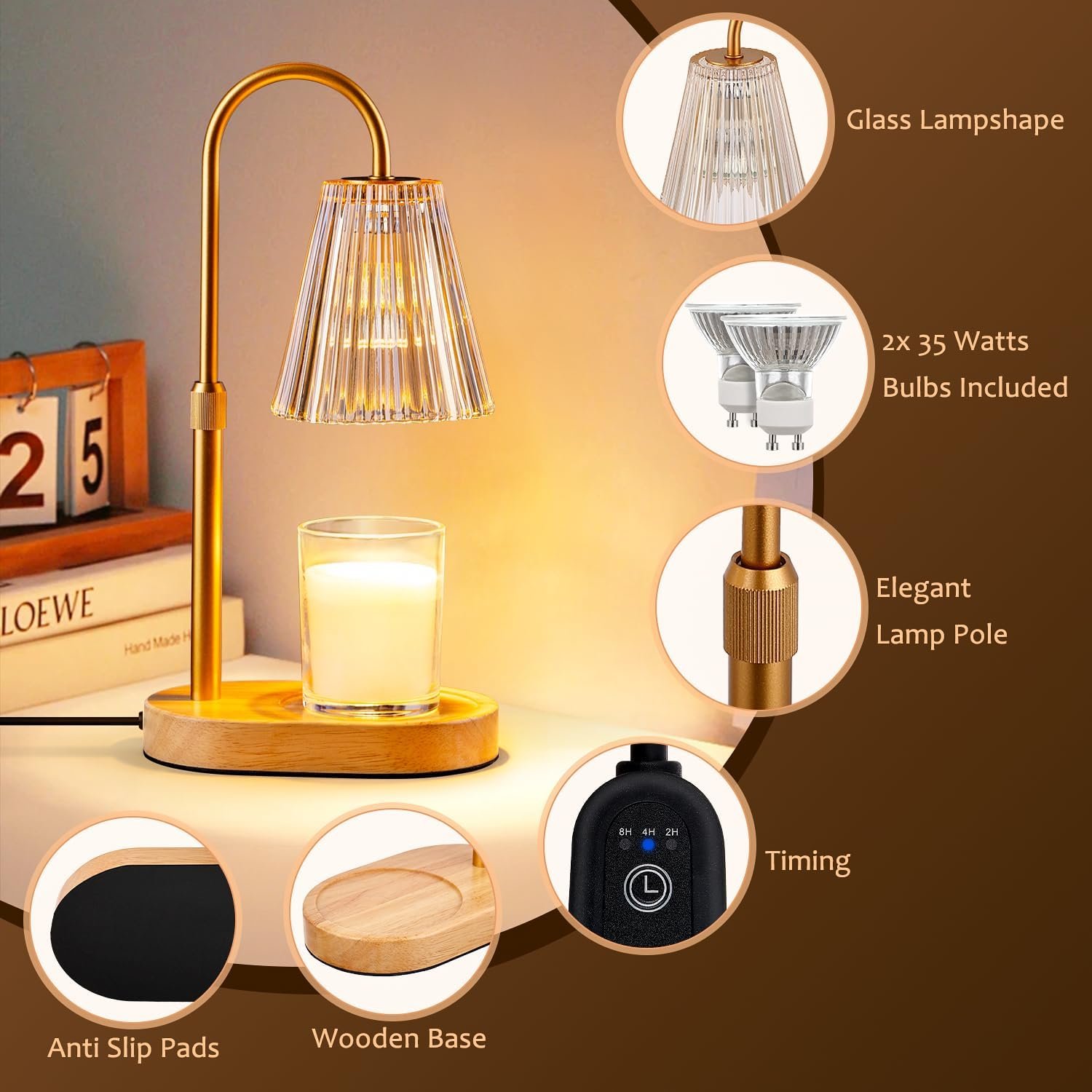 Candle Warmer Lamp with Timer: Electric Candles Wax Warmers Glass Lamps for Jar Candles Burner Adjustable Height and Dimmable Light Modern No Flame Scented Candle Warming Lantern, Amber - Image 4