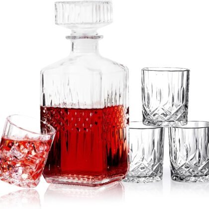 Whiskey Decanter Set for Men, 5-Piece Crystal Glass Decanter Set with 1000ml(33.8 oz) Decanter and 4×230ml(7.8oz) Glasses, Elegant Glass Set for Husband, Birthday Father Gift (Clear-B)