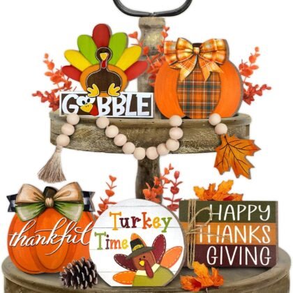 Thanksgiving Tiered Tray Decor, Fall Farmhouse Turkey Tray Decorations, Plaid Bow Pumpkin Maple Leaf Wooden Signs Beads Garland, Autumn Home Decor for Tabletop Shelf Mantel Party