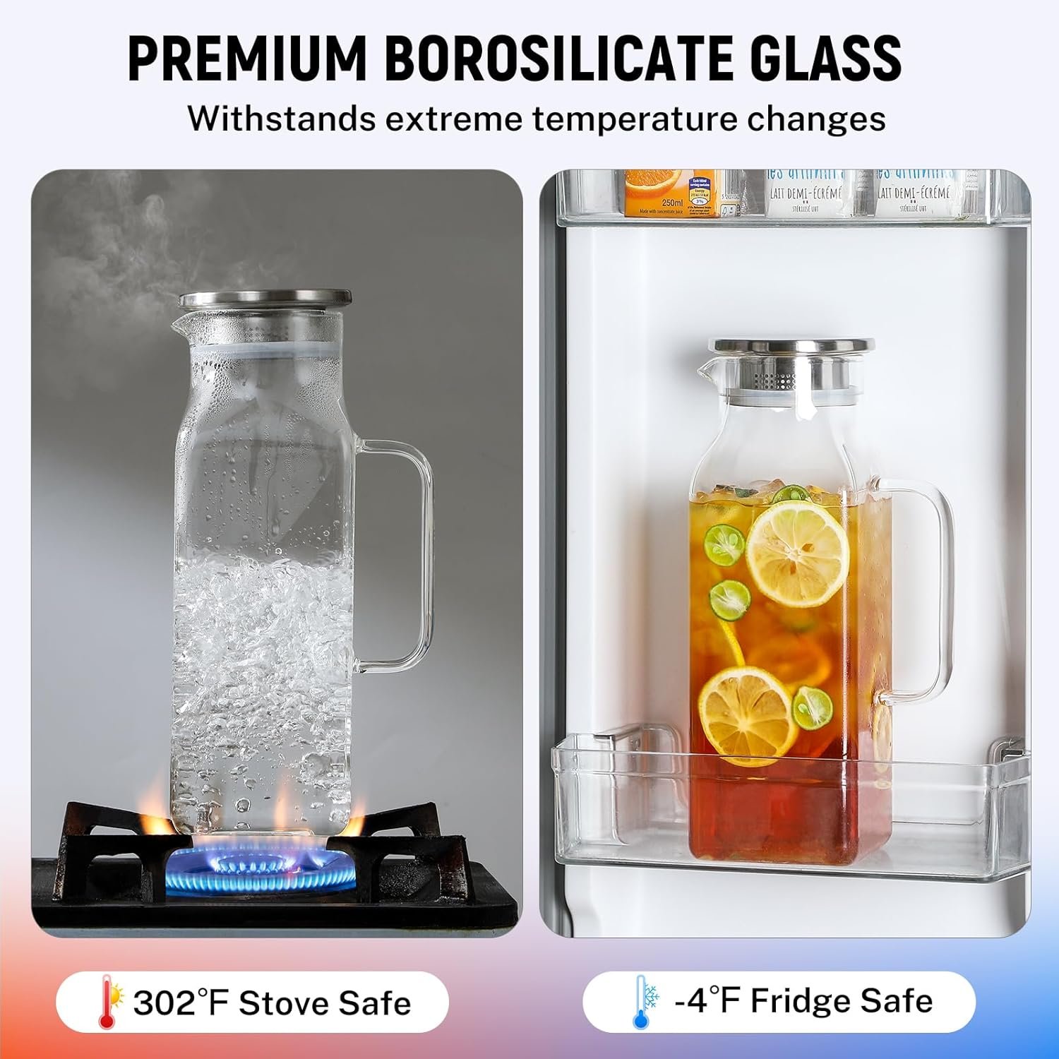 Netany 2 Pack 2 Liters/68 oz Square Glass Pitcher with Lid and Handle for Fridge, Iced Tea and Coffee Carafe Beverage Serveware, Heat Resistant Borosilicate Water Jug for Hot/Cold Drinks and Milk - Image 4