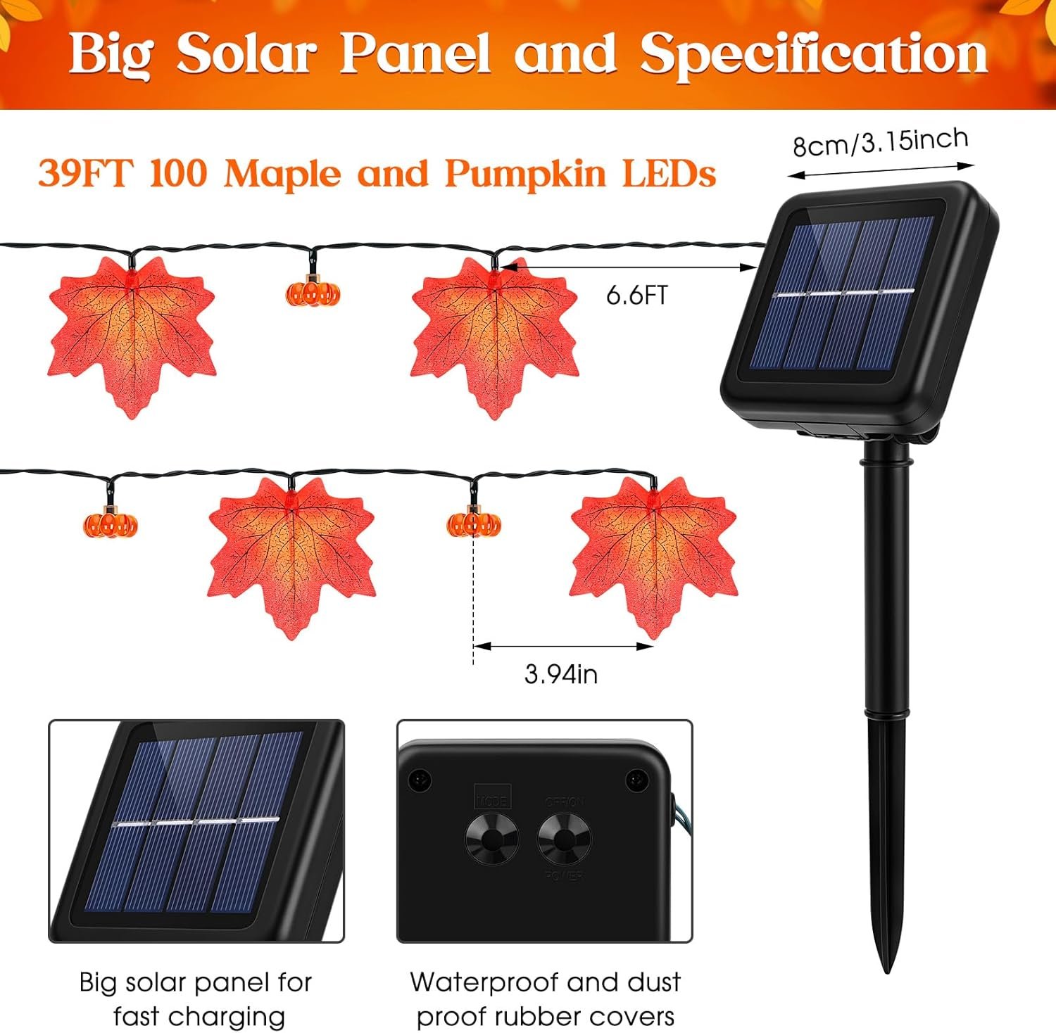 Fall Solar Lights Outdoor Decorative, 39FT Solar Fall Leaves Garland String Lights with 100 LEDs and 8 Modes for Porch, Yard, Front Door, Patio, Outside,Thanksgiving Harvest Autumn Decorations - Image 6