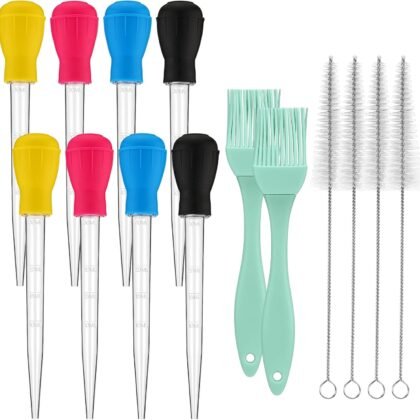 Boao 14 Pcs Heat-resistant Turkey Baster Cooking Set Includes 8 Pcs 11 Inch Turkey Baster, 2 Silicone Basting Brush, 4 Cleaning Brush for Thanksgiving Cooking, BBQ Grill, Baking Meat(Vibrant Color)
