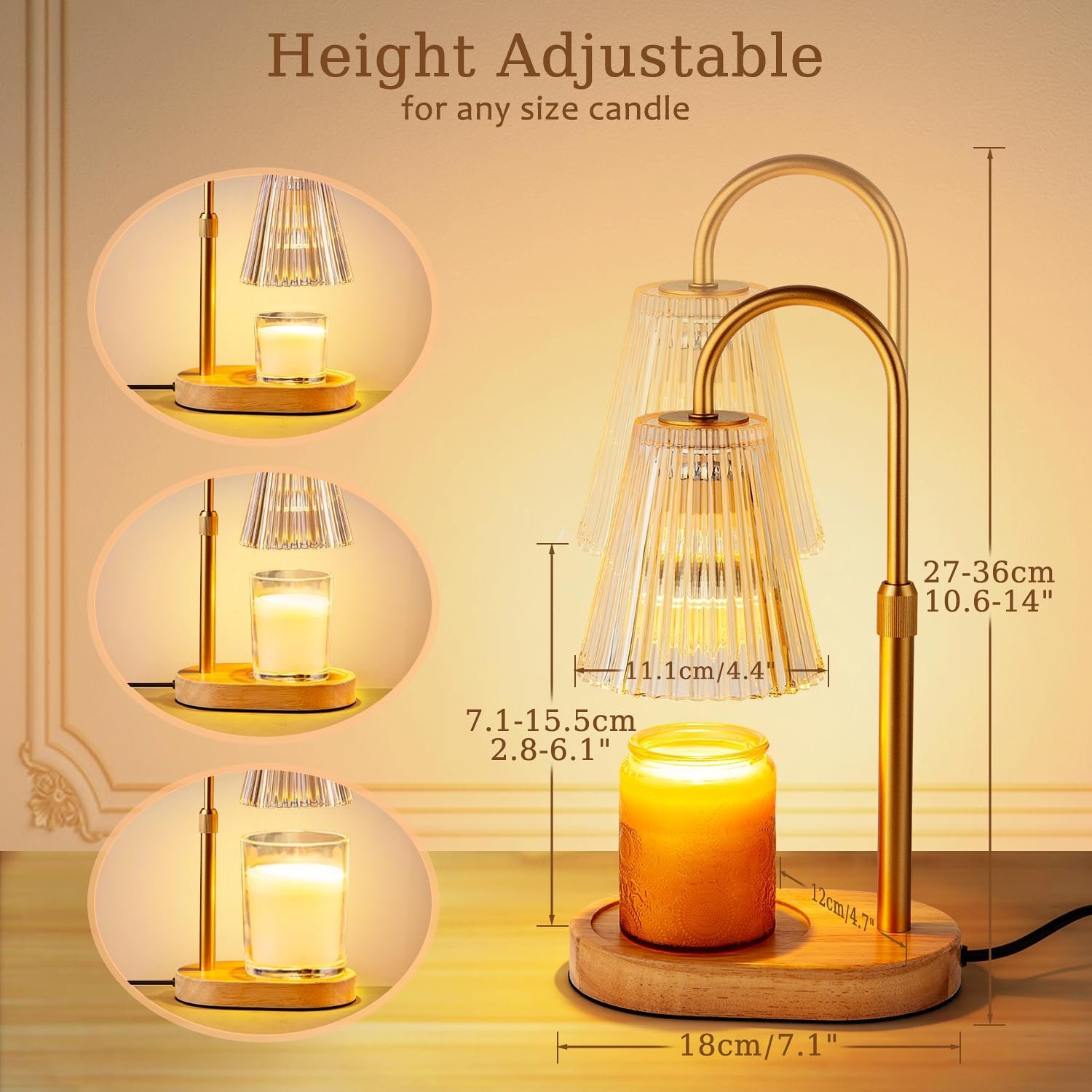 Candle Warmer Lamp with Timer: Electric Candles Wax Warmers Glass Lamps for Jar Candles Burner Adjustable Height and Dimmable Light Modern No Flame Scented Candle Warming Lantern, Amber - Image 5