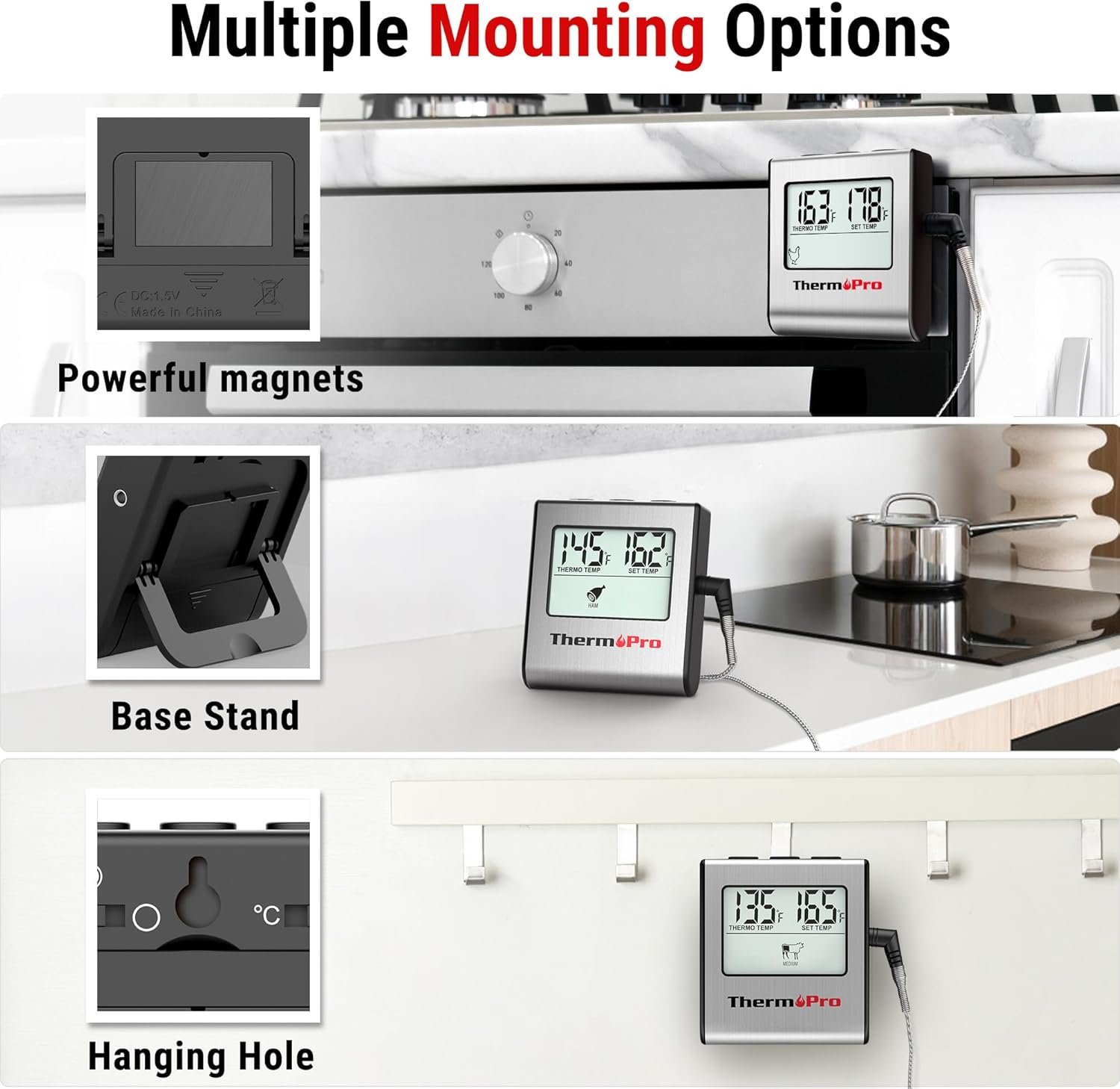 ThermoPro TP16 Large LCD Digital Cooking Food Meat Thermometer for Smoker Oven Kitchen BBQ Grill Thermometer Clock Timer with Stainless Steel Temperature Probe - Image 6