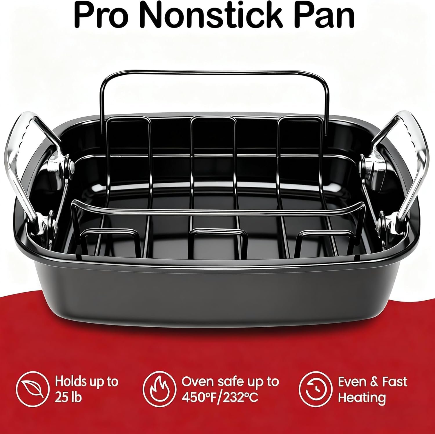 Large Nonstick Roasting Pan Kit with Rack (17x13 Inch) - Includes Baster, Pastry Brush & Twine for Turkey, Chicken, Ham - Even Heating, Easy Clean, Dark Grey (Large-17.2'' x 13.5'') - Image 5