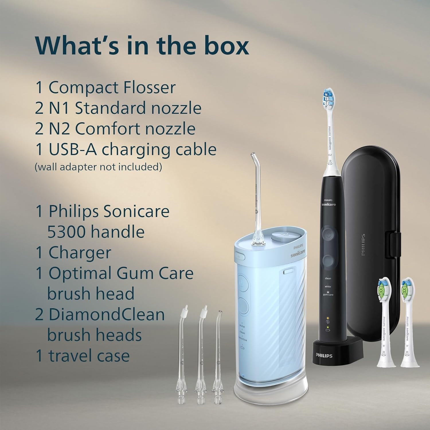 Philips Sonicare Compact Flosser 1000, Blue, ProtectiveClean 5300 Rechargeable Electric Toothbrush and 2PK Compact Nozzle Bundle - Image 2