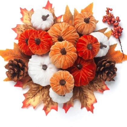 21 PCS Fall Artificial Velvet Pumpkins Set, Fake Fabric Pumpkin Faux Foam Pumpkins, Orange Khaki White Pumpkin Decorations for Fall Harvest Thanksgiving Farmhouse Table Centerpiece