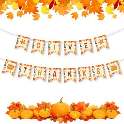 Give Thanks Banner - Happy Thanksgiving Decorations Banners, Fall Maple Leaf Pumpkin Sign Garland Backdrop Banner for Thanksgiving Party Supplies Favors Indoor Outdoor Home Office Wall Door Decor