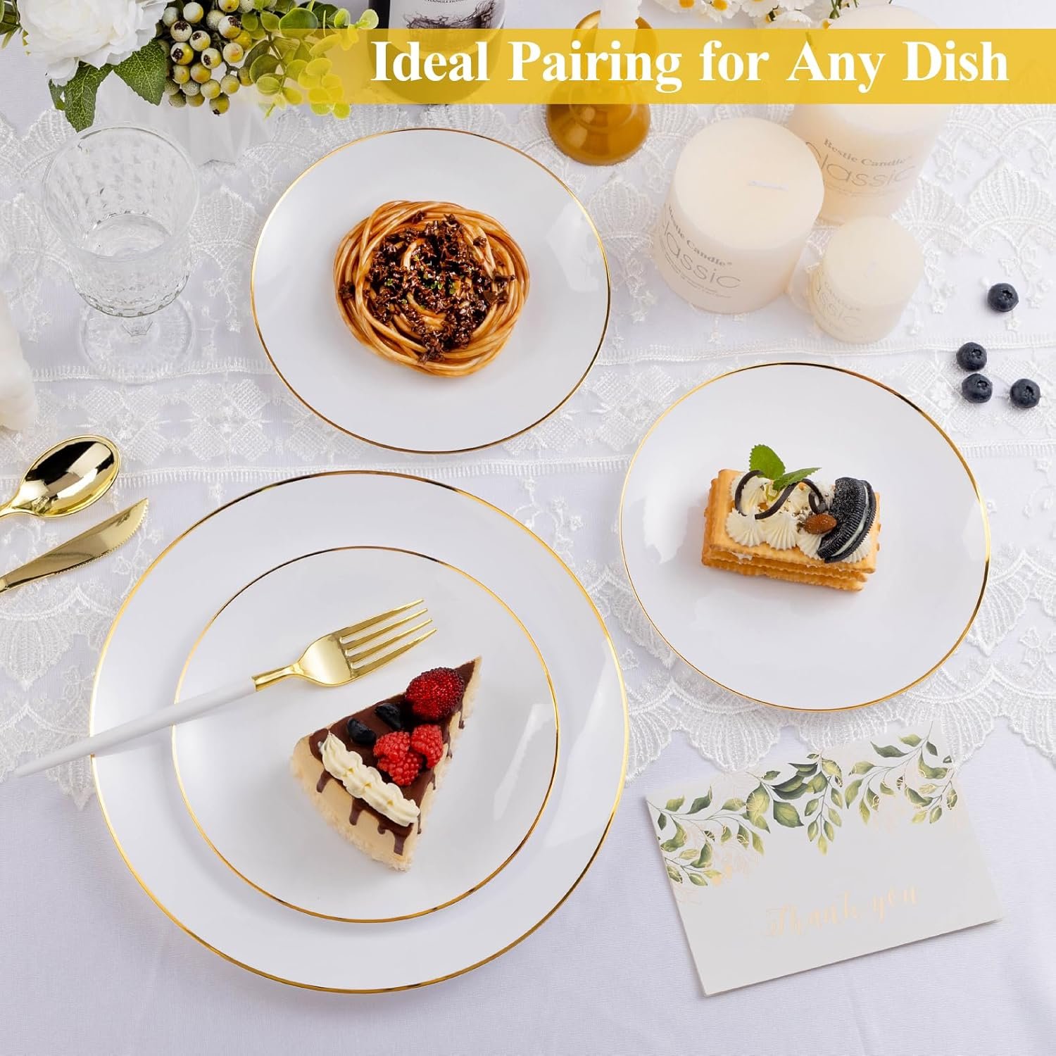 100 PCS Gold and White Plastic Plates, 7 inch White Disposable Plates for Party, Plastic Dessert/Salad Plates - Image 9